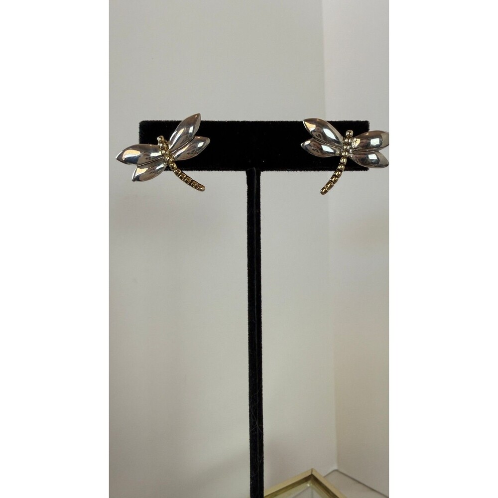Dragonfly Earrings Two Tone Silver Gold Tone Statement Insect Jewelry